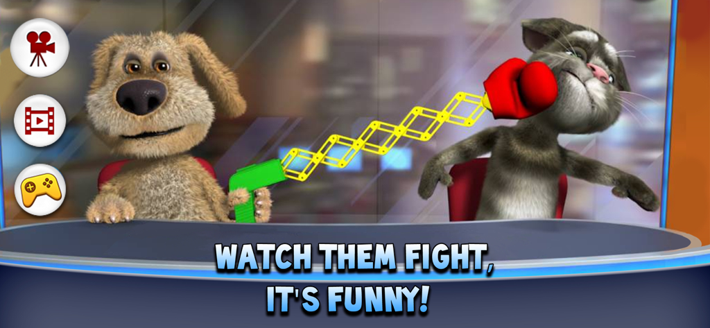 Talking Ben hits Talking Tom with a spring-loaded boxing glove in their news studio