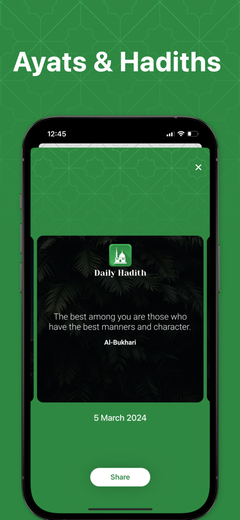 Schermata dell'app mobile che mostra la funzione Hadith Quotidiano con una citazione di Al-Bukhari e un pulsante di condivisione