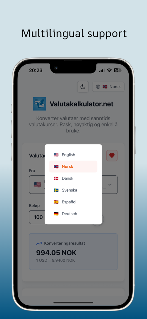 Valutakalkulator.net - Currency converter app displaying a language selection menu for multilingual support.