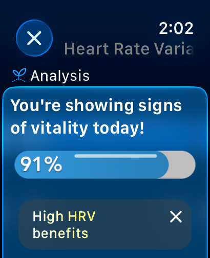 IRL Health Bar - 91％のバイタリティスコアと高いHRVの利点を示すゲーミフィケーションされたヘルスバーのインターフェース