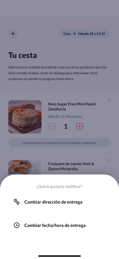 Genba - Pantalla del carrito de compras en la aplicación Genba mostrando artículos de panadería y menú de modificación de entrega