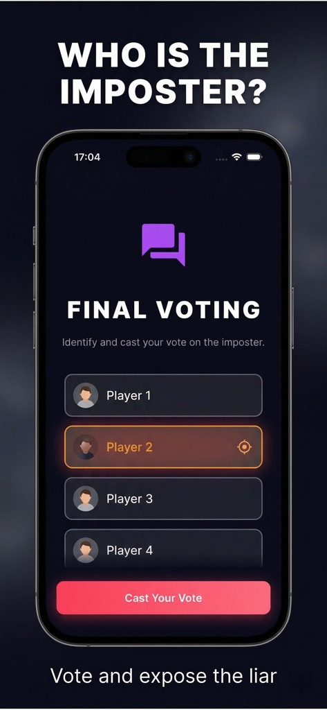 Imposter Game: City Party - Pantalla de iPhone mostrando la pantalla final de votación de Imposter Game City Party donde los jugadores seleccionan a un jugador para exponer al mentiroso y emitir su voto.