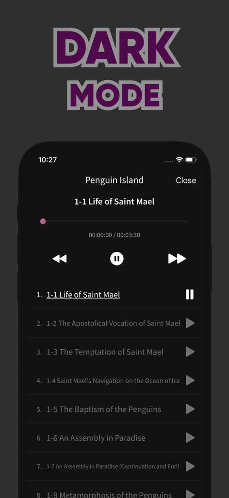 Interfaccia dell'app audiolibri Librivox che mostra il tema della modalità oscura con un lettore multimediale e un elenco capitoli.