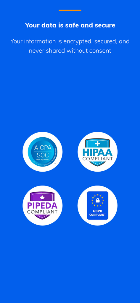 Manage My Pain - Certificaciones de seguridad y privacidad de datos que incluyen insignias de cumplimiento HIPAA GDPR SOC y PIPEDA