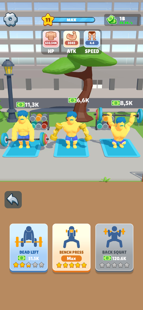 Gym Clicker: KO MMA Boxing - Muscular characters performing various weightlifting exercises in Gym Clicker