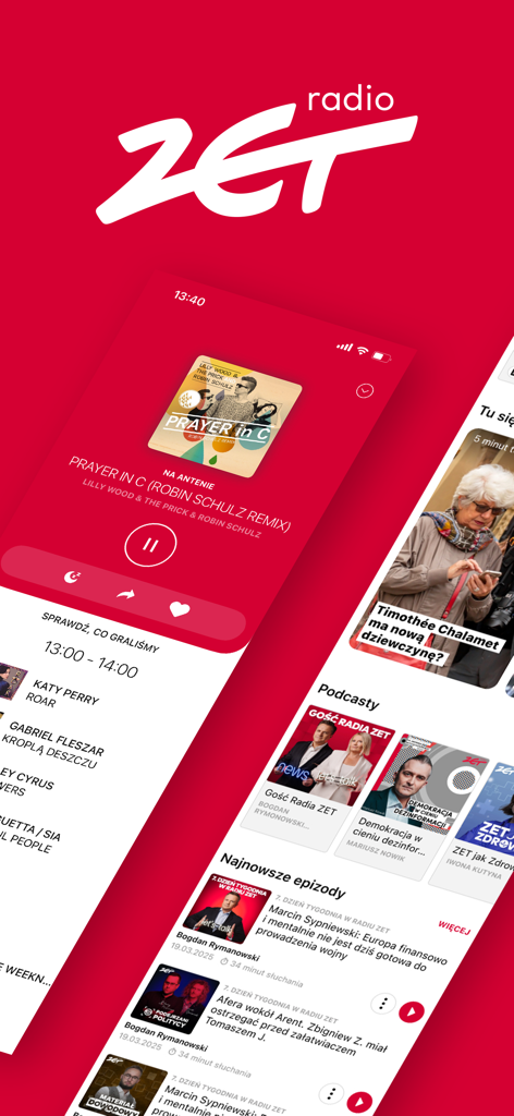 Radio ZET mobile app interface displaying a music player and a list of available podcasts