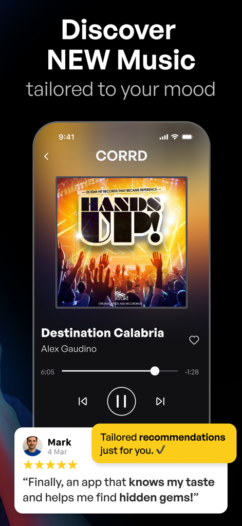 CORRD - Music Playlist by Mood - Screenshot of the CORRD music app showing a player interface with the song Destination Calabria and a user review praising personalized recommendations.