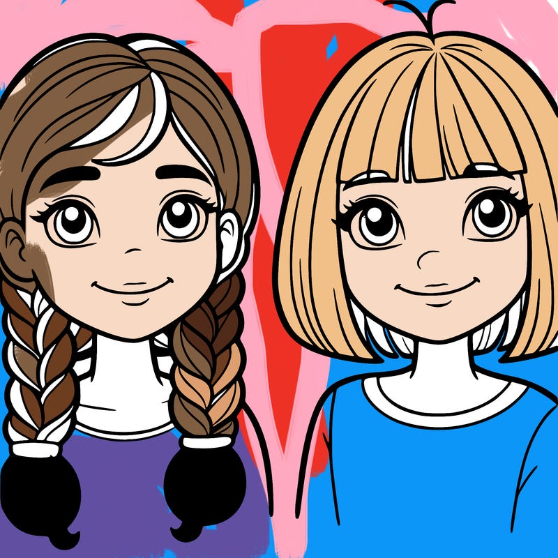 two girls, one with two serious braids and the other with happy bob hair