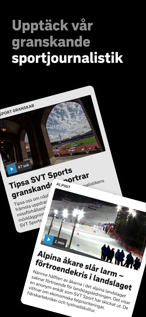 SVT Sport - SVT Sport app display featuring investigative sports journalism and news reports in Swedish.