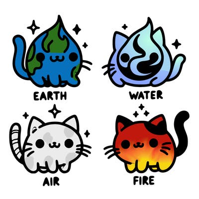 4 cats that represent the different elements, earth, water, air, and fire