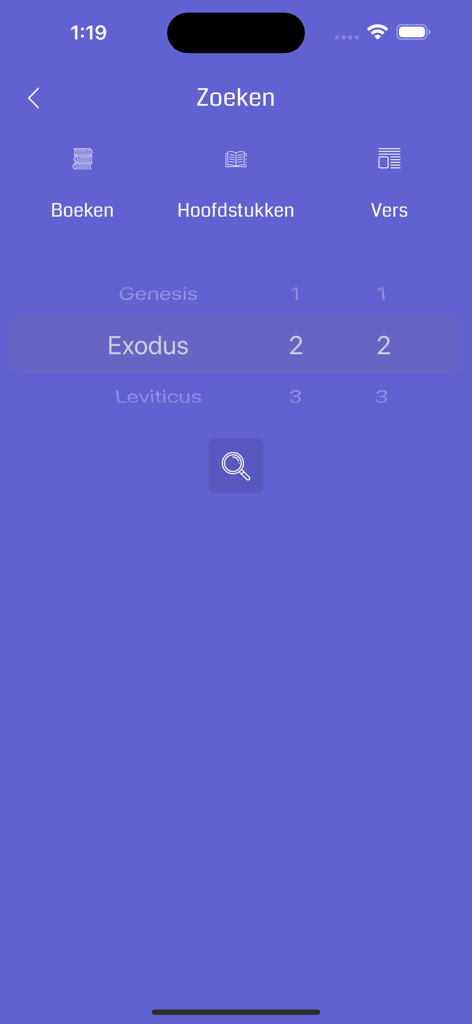Bijbel offline - Pantalla de búsqueda de la aplicación Biblia en español mostrando la selección de libros, capítulos y versículos