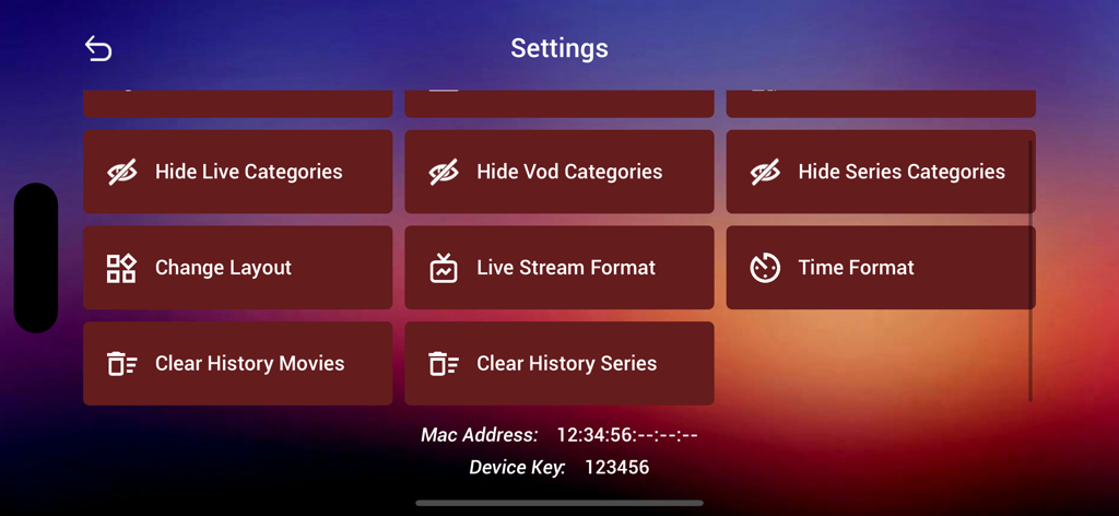 Settings menu of the ibo Pro Player app showing category and layout configuration options