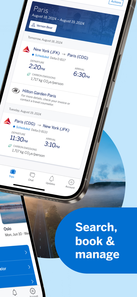 Amex GBT Mobile app interface showing a business trip itinerary from New York to Paris with flight details and carbon footprint data.