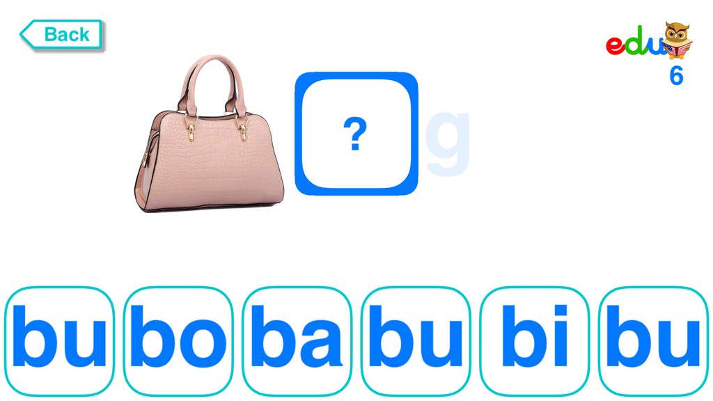 Phonics - Free - Learn to read - Educational phonics app screen where a child completes the word bag using multiple choice syllables
