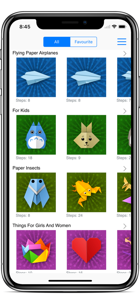 Origami Creator: Fold & Learn - Browsing screen of the Origami Creator app showing various paper folding projects in a grid layout categorized by theme.