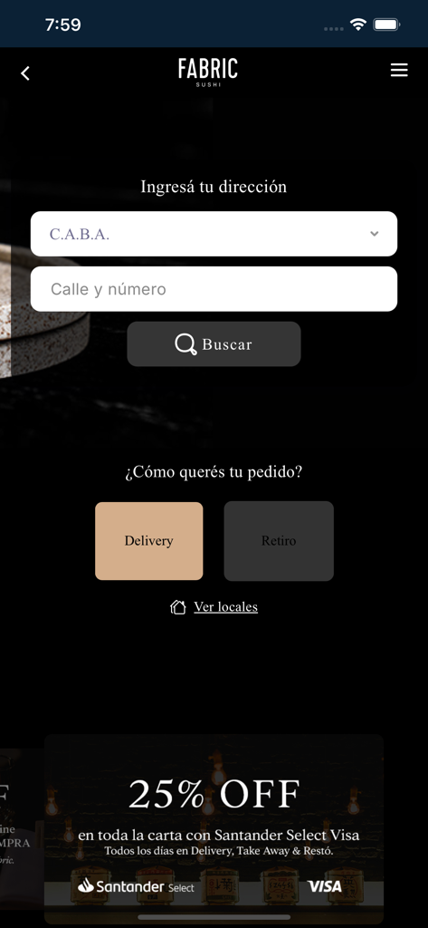 Fabric Sushi - Fabric Sushi app address entry page with options for delivery and takeaway