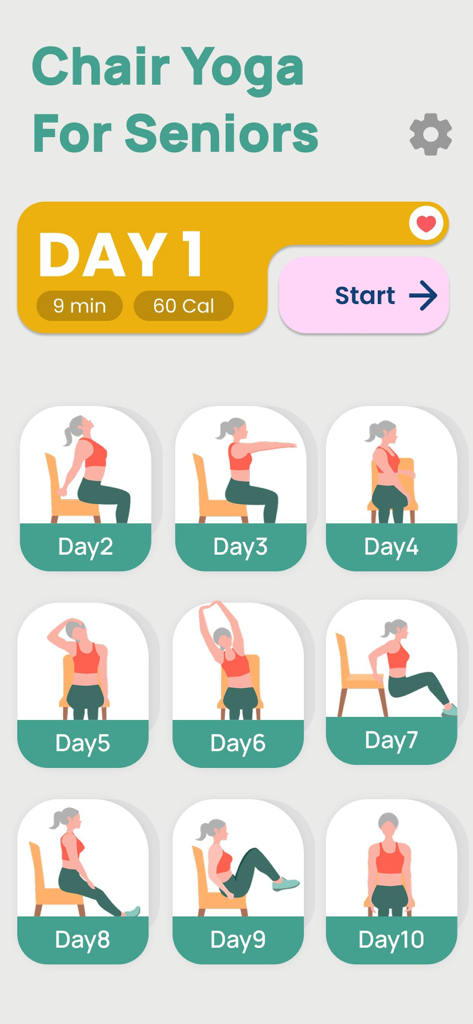 SeniorFit: Workout for Seniors - Pantalla de la aplicación SeniorFit que muestra un programa de ejercicio de yoga en silla de 10 días para personas mayores con ilustraciones de ejercicios diarios