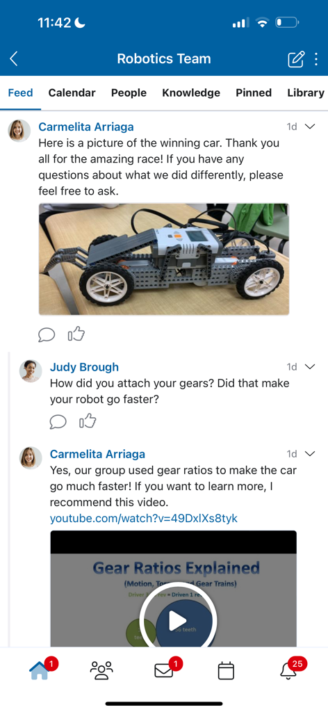 Edsby mobile app showing a robotics team group feed with student posts and educational discussions.