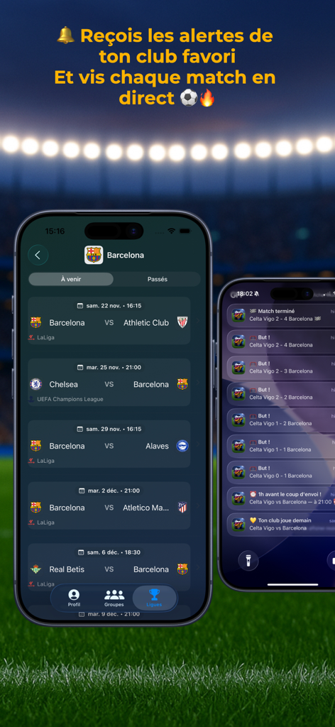 Go Football Prono Benutzeroberfläche mit Spielplan und Live-Benachrichtigungen