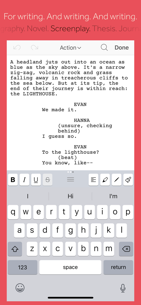 Scrivener - Scrivener mobile app showing screenplay writing mode and formatting tools on an iPhone