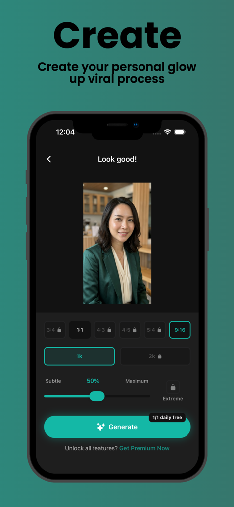 Photo Enchancer: Ai Glow Up - AI Glow Up app interface showing photo editing settings like intensity sliders and aspect ratio choices for a viral glow up process.