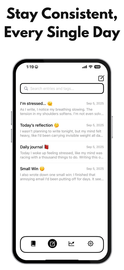A mobile phone screen displaying a list of journal entries in the Daily Journal AI app including daily reflections and small wins