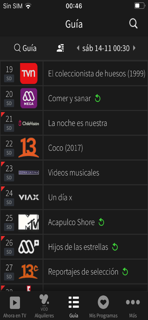 +TV Total - A mobile app screenshot of the Plus TV Total electronic program guide showing a list of television channels and their current show titles.