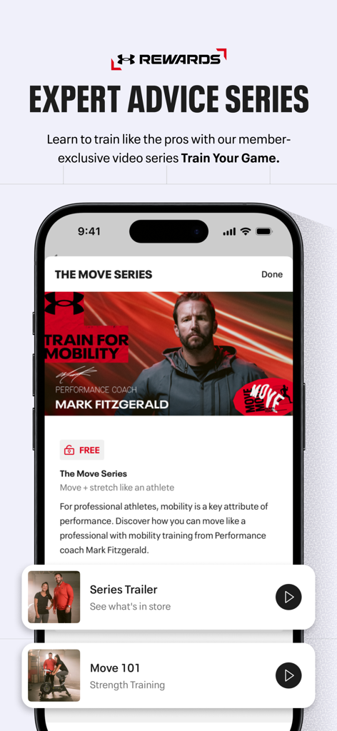 Under Armour app screen showing the Expert Advice Series and mobility training videos by coach Mark Fitzgerald.