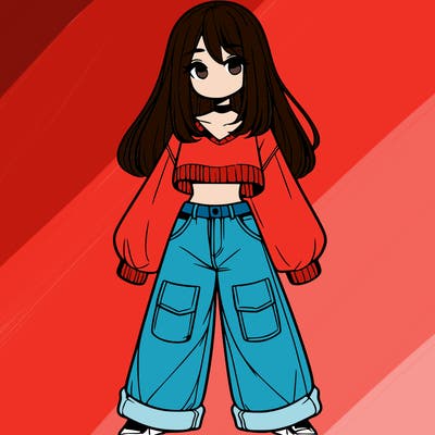 cute girl with straight hair in baggy jeans and a crop top and a sweater