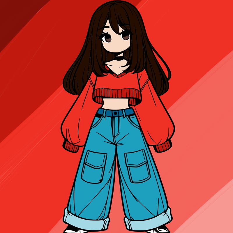 cute girl with straight hair in baggy jeans and a crop top and a sweater