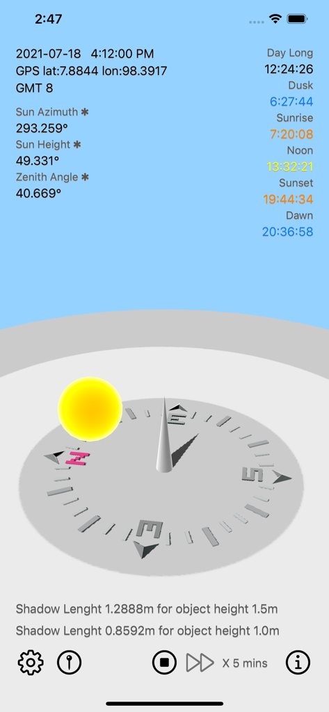 Sun Calculator - Interfaz de Sun Calculator que muestra la posición 3D del sol y los cálculos de longitud de sombra