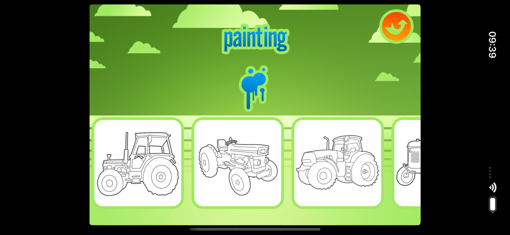 Menú de actividad de pintura que muestra varios contornos de tractores para colorear para niños