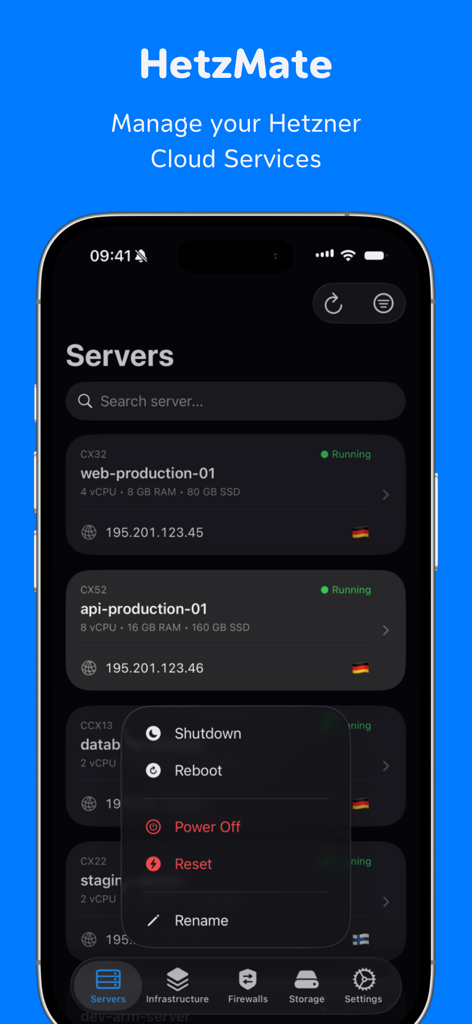 HetzMate for Hetzner Cloud - HetzMate App-Oberfläche, die eine Liste von Cloud-Servern und Stromoptionen anzeigt