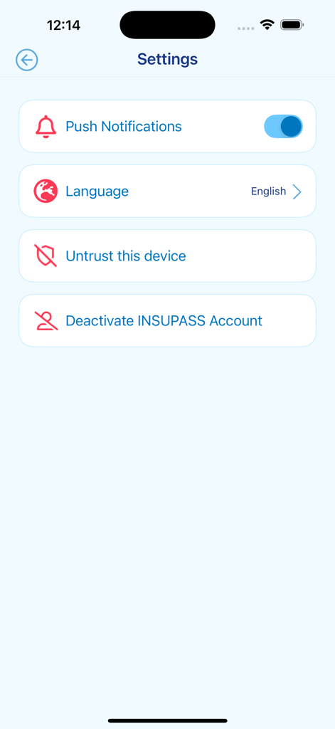푸시 알림 언어 및 계정 관리 옵션이 포함된 Insupass 앱 설정 화면