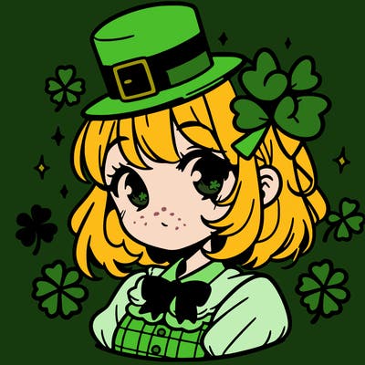 a manga-style girl with clovers around her, a little hat in her hair, like it's saint patrick's day