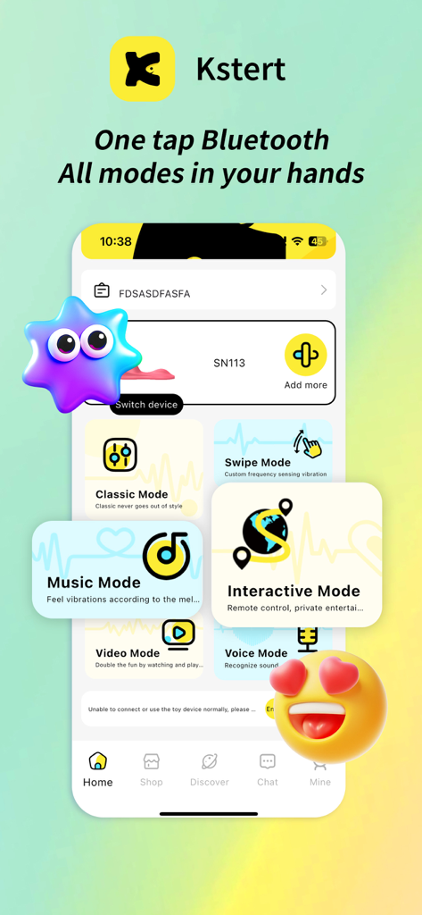Kstert app home screen showing various Bluetooth control modes including Classic Music and Interactive modes
