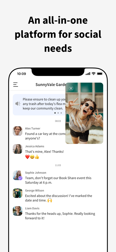 Fambase app interface showing a group chat with a live video window and community messages