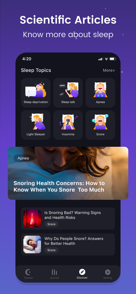Mintal Tracker:Sleep Recorder - Mintal Tracker App-Bildschirm mit von Ärzten geprüften wissenschaftlichen Artikeln zu Schlafthemen wie Schnarchen und Apnoe.