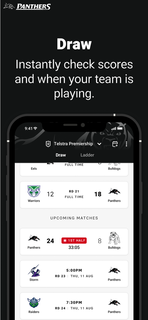Penrith Panthers - Penrith Panthers app match draw and live scores screen