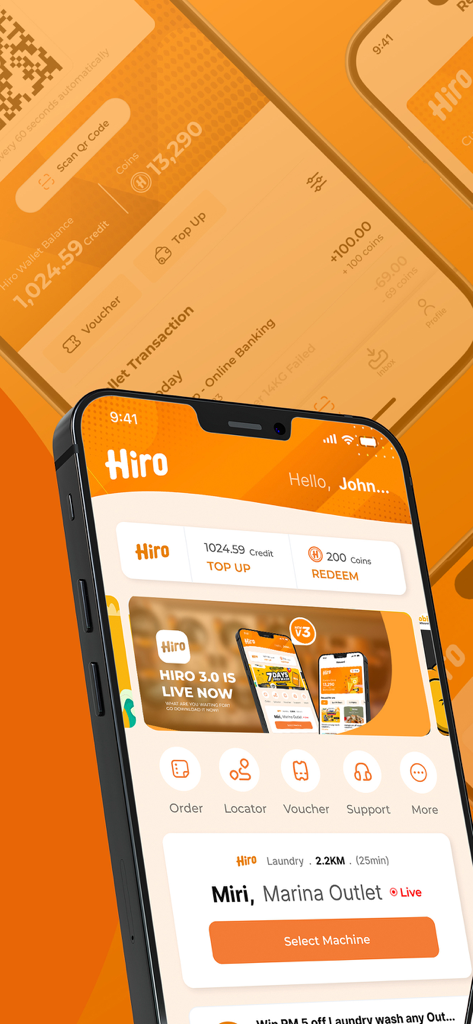 Hiro - Dashboard of the Hiro mobile app showing wallet balance and laundry outlet selection