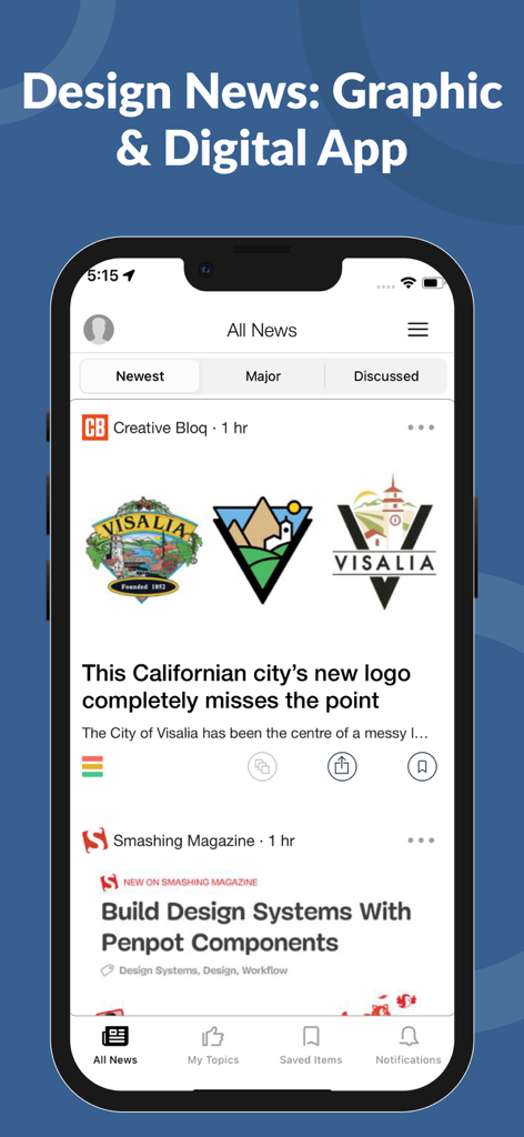 Interfaz de la aplicación Design News mostrando el feed de noticias de diseño gráfico y digital en un iPhone
