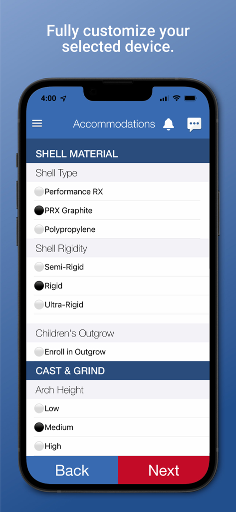 Forward Motion Medical - Orthotics customization screen in the Forward Motion Medical app showing shell material and arch height options.