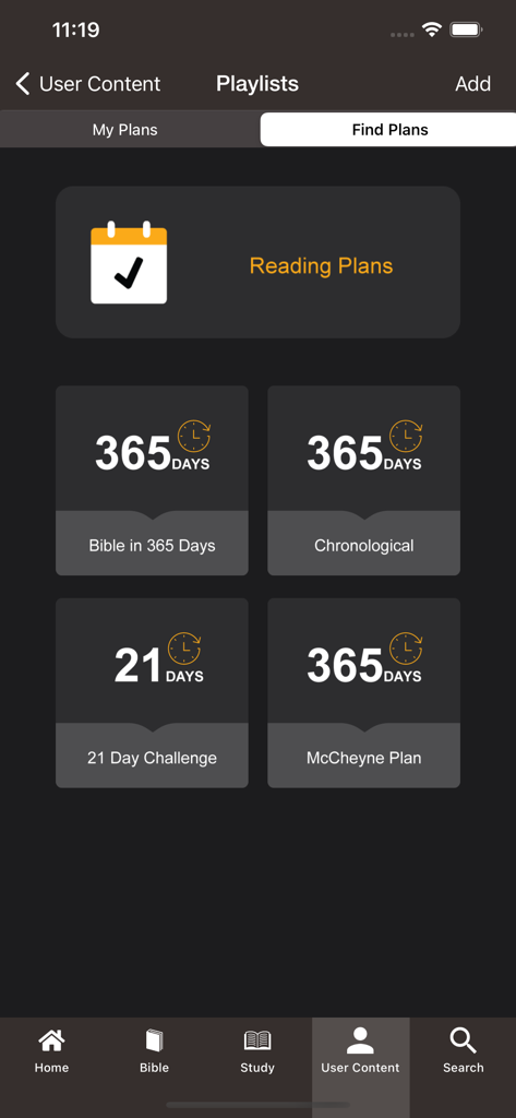Bible - The Word of Promise® - Interface of the Bible app showing different reading plans including 365 days and 21 day challenge