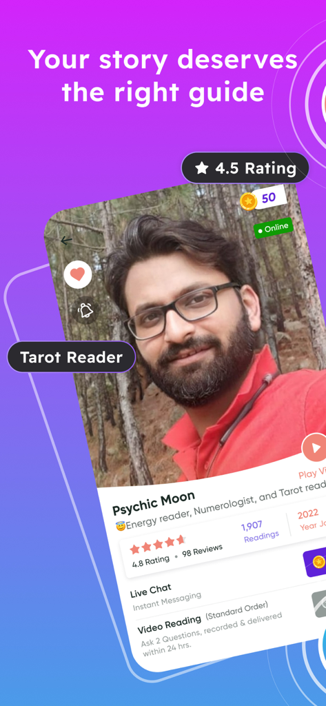 Psychic advisor profile page on Psychic Vision app showing ratings and chat options