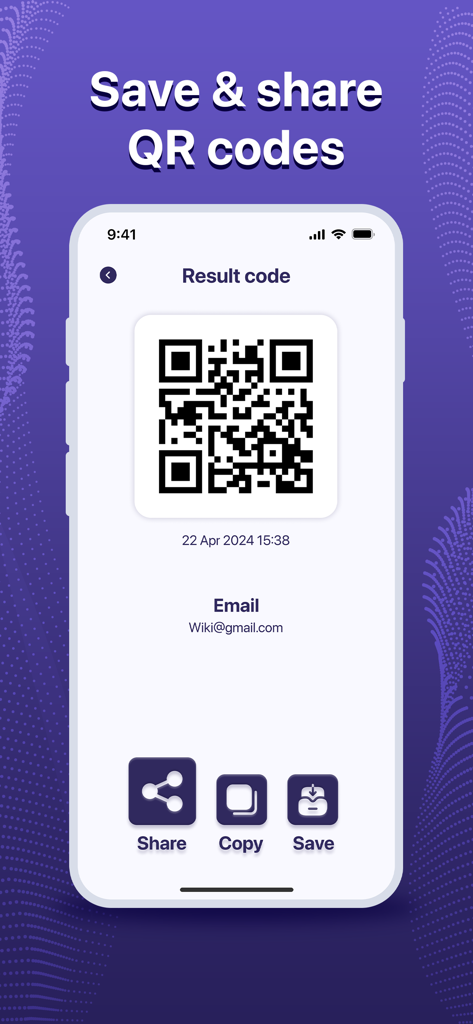 Smartphone screen showing options to save and share a generated QR code.