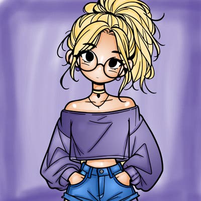 girl with a messy ponytail glasses a baggy crop top and jean shorts