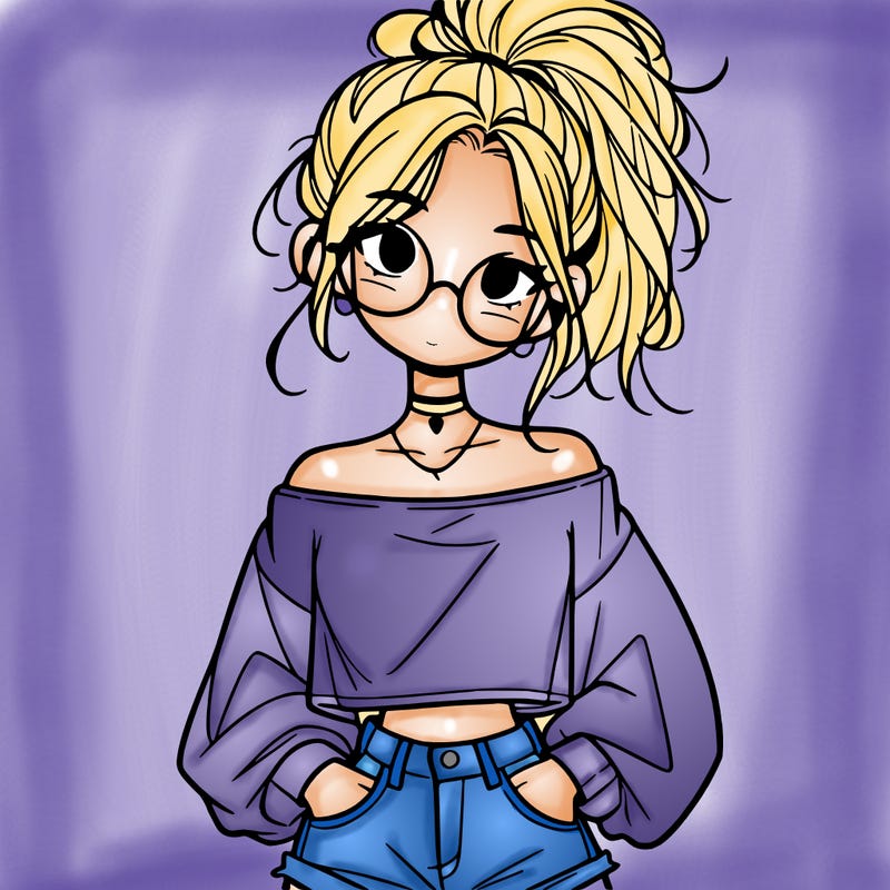 girl with a messy ponytail glasses a baggy crop top and jean shorts