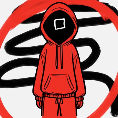 faceless girl in a tracksuit with a hood on and no hair