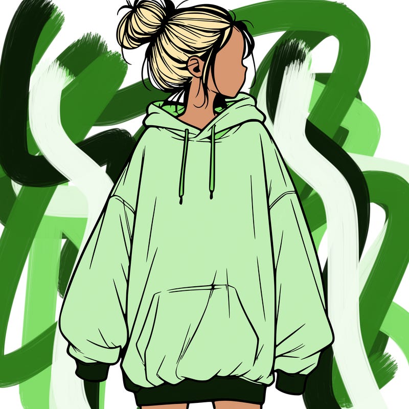 realistic girl with a oversized sweatshirt on and a bun
