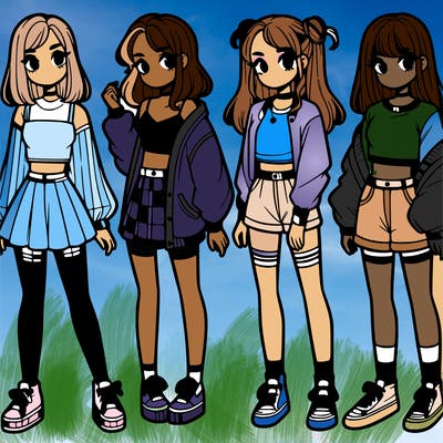 one girl with crop-top shirt and a jacket with a skirt, long socks and another girl with a shirt and pants with a jacket